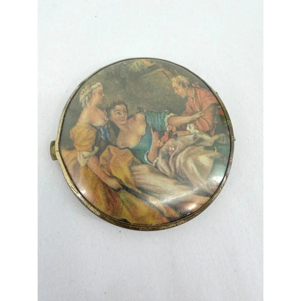 Vintage Gold Tone Round Double Compact Mirror Renaissance Fragonard Scene